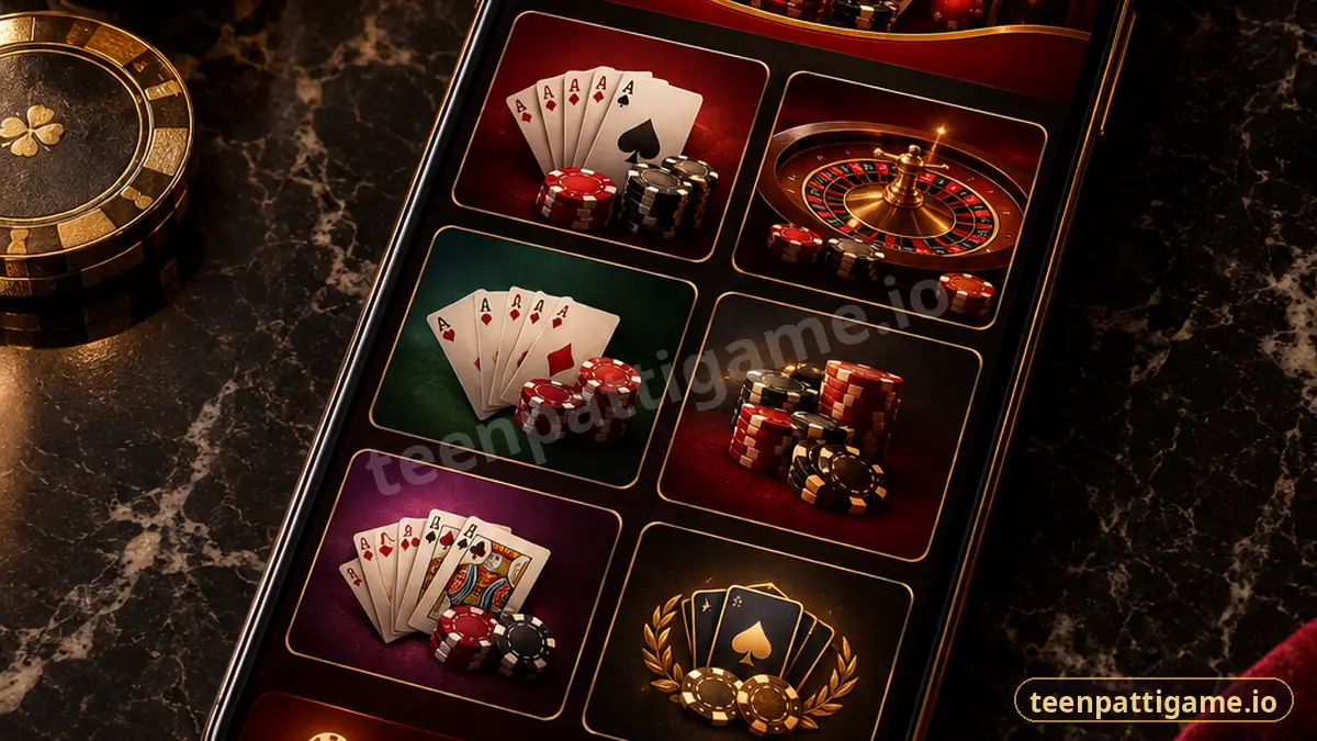 Smartphone on a marble table showing a card-game lobby with table tiles