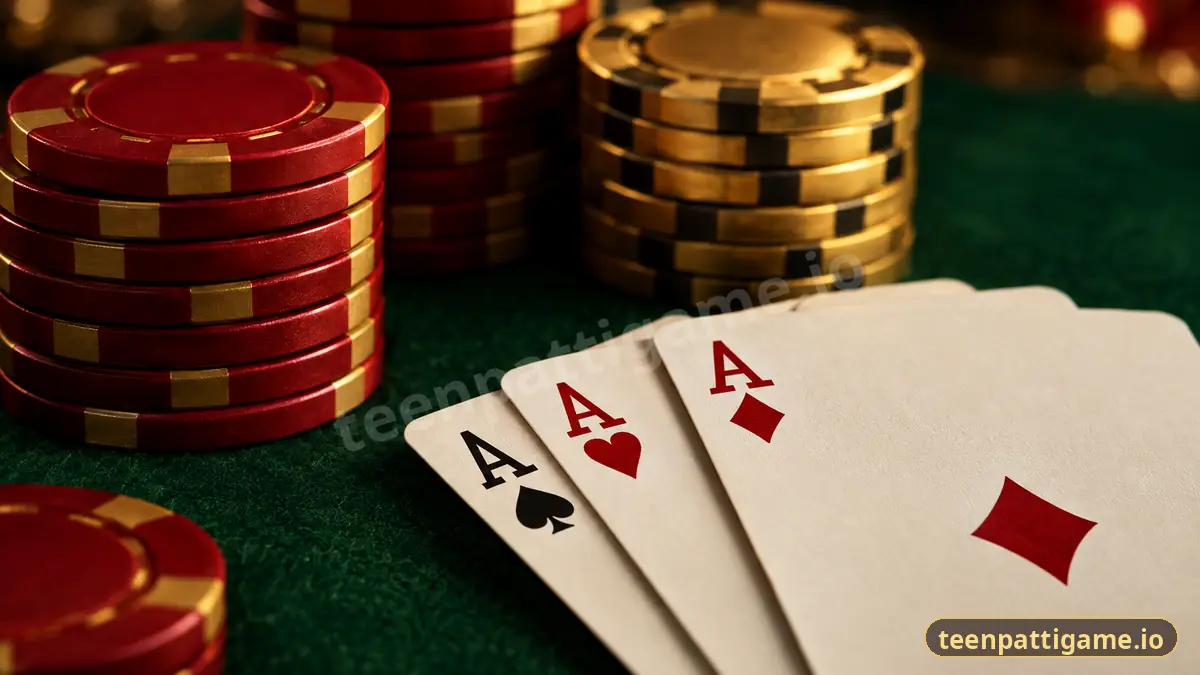 Three aces fanned on green felt next to red and gold chips, the highest Teen Patti trail